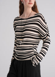 Fashion Brown O Neck Striped Knit Blouse Top Fall
