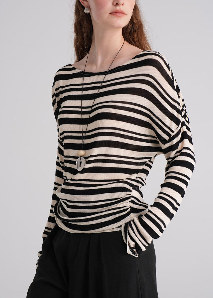 Fashion Brown O Neck Striped Knit Blouse Top Fall