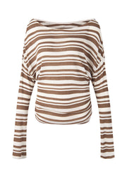 Fashion Brown O Neck Striped Knit Blouse Top Fall