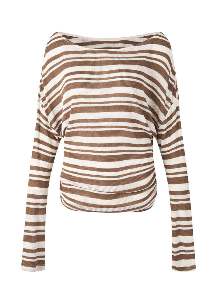 Fashion Brown O Neck Striped Knit Blouse Top Fall