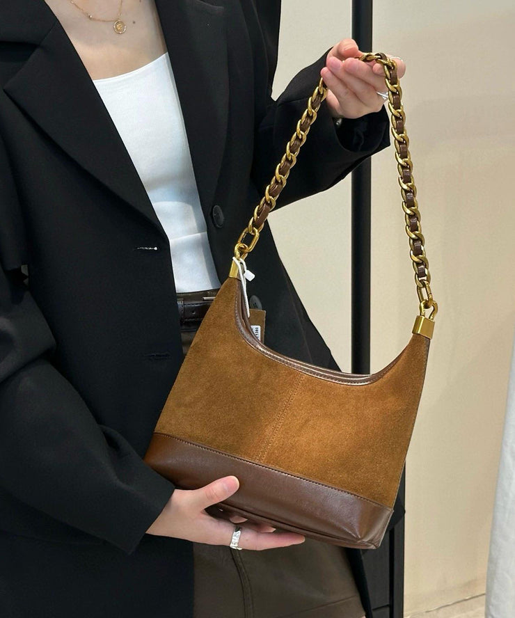 Fashion Brown Patchwork Suede Chain Linked Bucket Bag