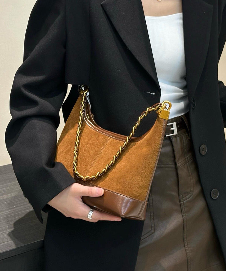 Fashion Brown Patchwork Suede Chain Linked Bucket Bag