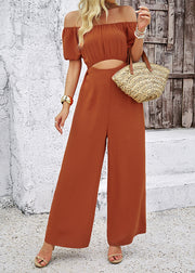 Fashion Brown Slash Neck Hollow Out Cotton Jumpsuit Summer