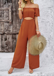 Fashion Brown Slash Neck Hollow Out Cotton Jumpsuit Summer