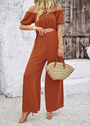 Fashion Brown Slash Neck Hollow Out Cotton Jumpsuit Summer