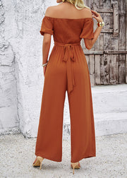 Fashion Brown Slash Neck Hollow Out Cotton Jumpsuit Summer