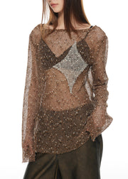 Fashion Brown Slash Neck Hollow Out Tulle T Shirt Long Sleeve