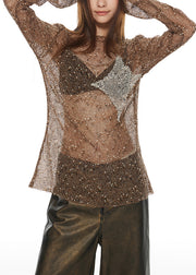 Fashion Brown Slash Neck Hollow Out Tulle T Shirt Long Sleeve