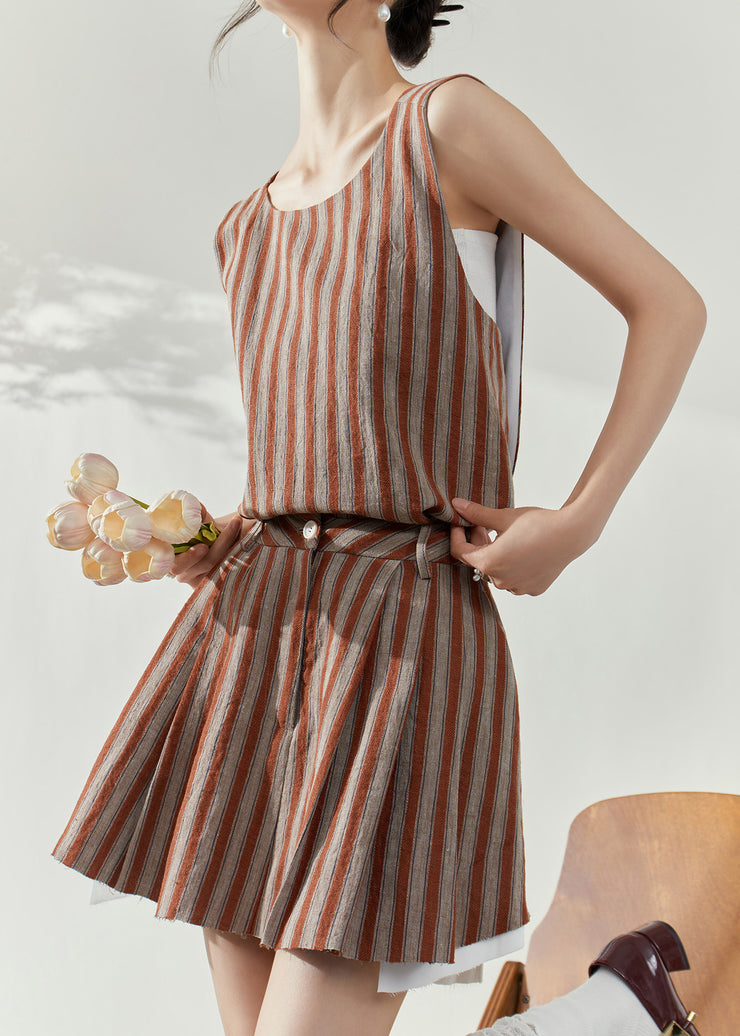 Fashion Brown Striped Cotton Top And Skirts Two-Piece Set Summer