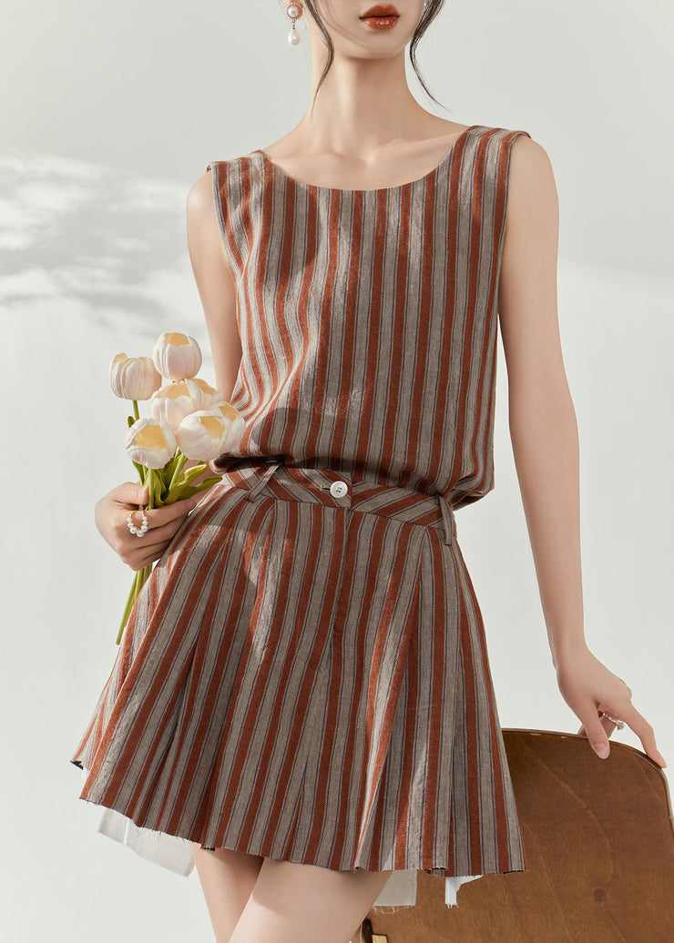 Fashion Brown Striped Cotton Top And Skirts Two-Piece Set Summer