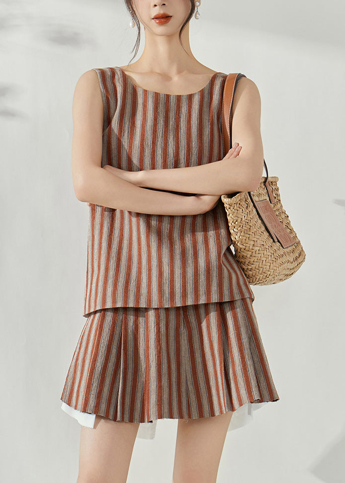 Fashion Brown Striped Cotton Top And Skirts Two-Piece Set Summer