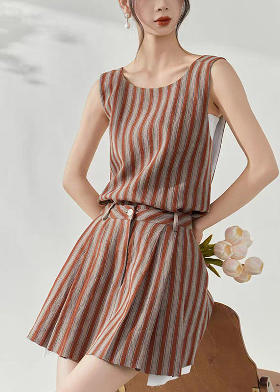 Fashion Brown Striped Cotton Top And Skirts Two-Piece Set Summer
