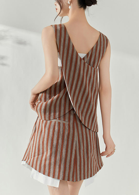 Fashion Brown Striped Cotton Top And Skirts Two-Piece Set Summer