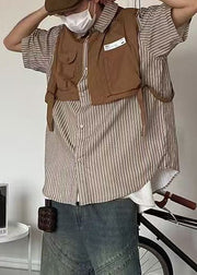 Fashion Brown Striped Patchwork Cotton Men Moisture Wicking Shirts Summer