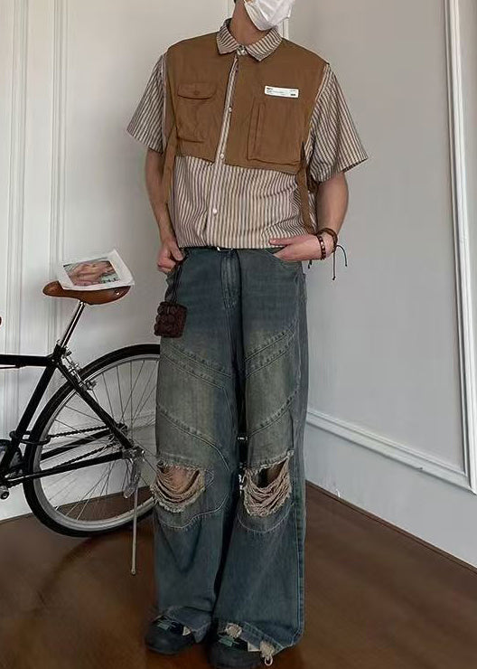Fashion Brown Striped Patchwork Cotton Men Moisture Wicking Shirts Summer