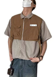 Fashion Brown Striped Patchwork Cotton Men Moisture Wicking Shirts Summer
