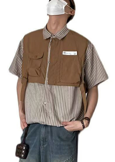 Fashion Brown Striped Patchwork Cotton Men Moisture Wicking Shirts Summer