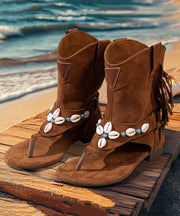 Fashion Brown Tasseled Sandals Splicing Low Heel Sandals Boots