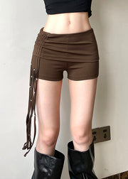 Fashion Brown Wrinkled Tassel Hot Pants Summer