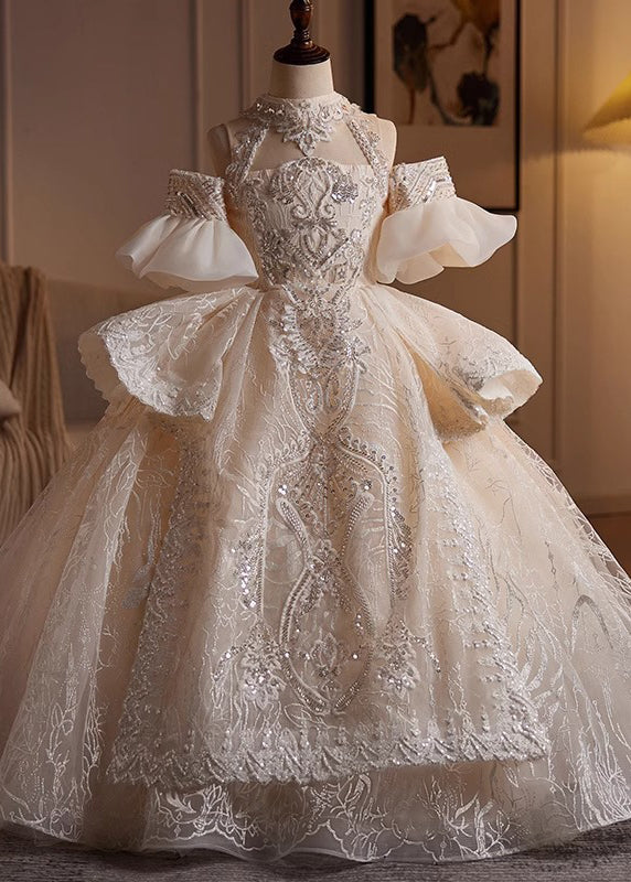 Fashion Champagne Turtleneck Embroideried Tulle Kids Maxi Dresses Summer