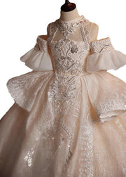 Fashion Champagne Turtleneck Embroideried Tulle Kids Maxi Dresses Summer