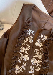 Fashion Chocolate Embroideried Ruffled Linen Vests Summer