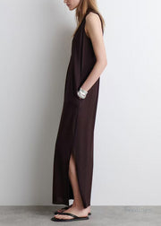 Fashion Chocolate V Neck Cotton Straight Dress Sleeveless