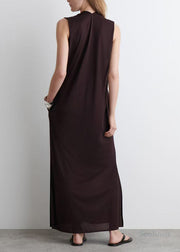 Fashion Chocolate V Neck Cotton Straight Dress Sleeveless