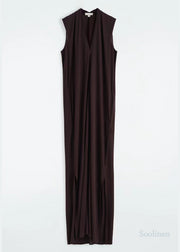Fashion Chocolate V Neck Cotton Straight Dress Sleeveless