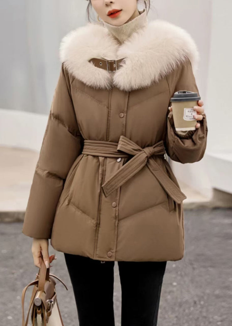 Fashion Coffee Fur Collar Zip Up Duck Down Winter Coats