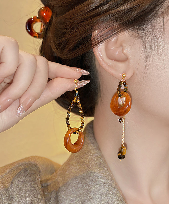 Fashion Coffee Sterling Silver Overgild Asymmetrical Beading Tassel Drop Earrings