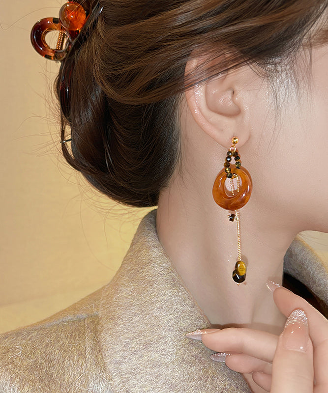 Fashion Coffee Sterling Silver Overgild Asymmetrical Beading Tassel Drop Earrings