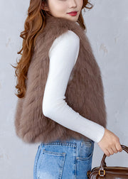 Fashion Coffee V Neck Warm Leather And Fur Waistcoat Winter