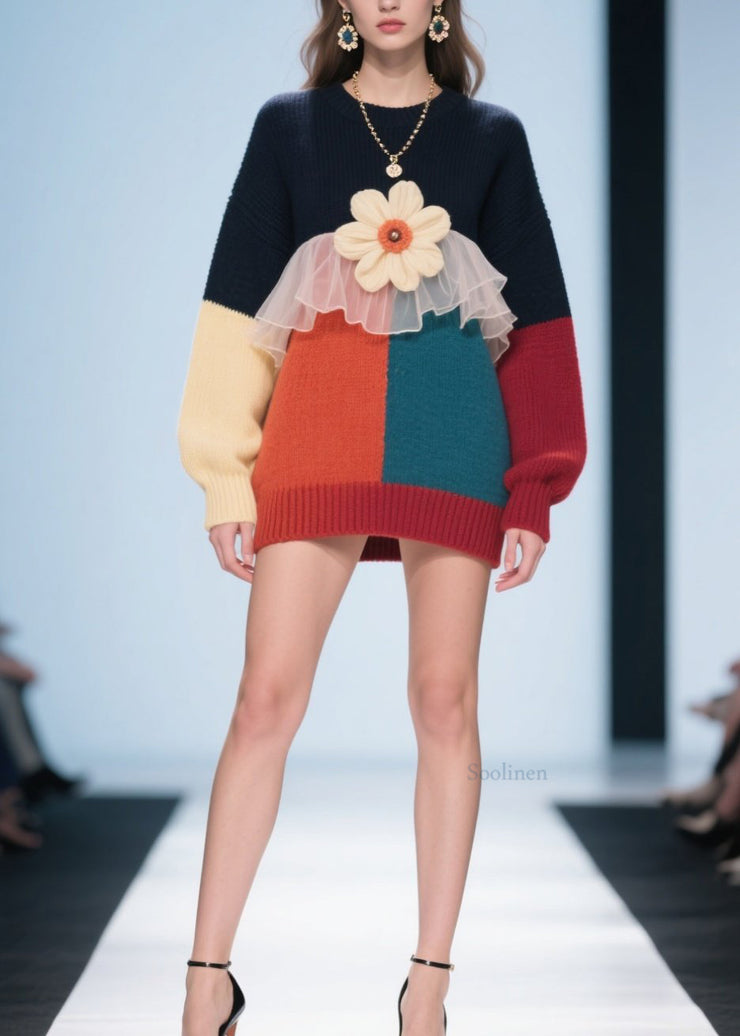 Fashion Colorblock O Neck Floral Tulle Patchwork Knit Pullover Fall