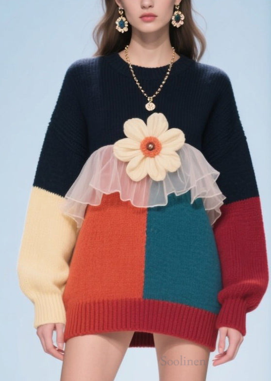 Fashion Colorblock O Neck Floral Tulle Patchwork Knit Pullover Fall