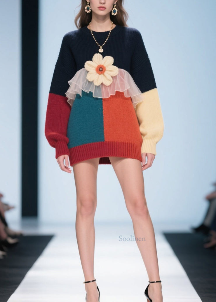 Fashion Colorblock O Neck Floral Tulle Patchwork Knit Pullover Fall
