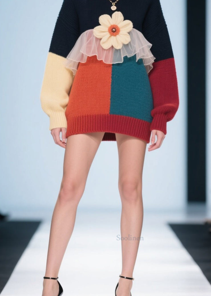 Fashion Colorblock O Neck Floral Tulle Patchwork Knit Pullover Fall
