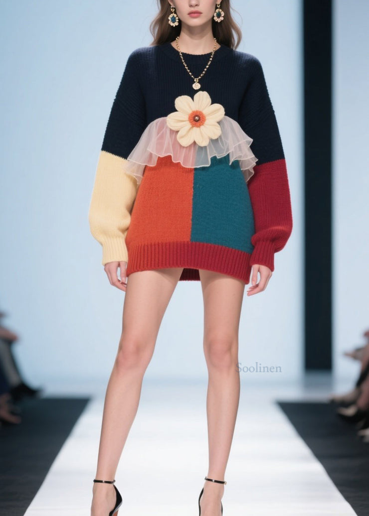 Fashion Colorblock O Neck Floral Tulle Patchwork Knit Pullover Fall