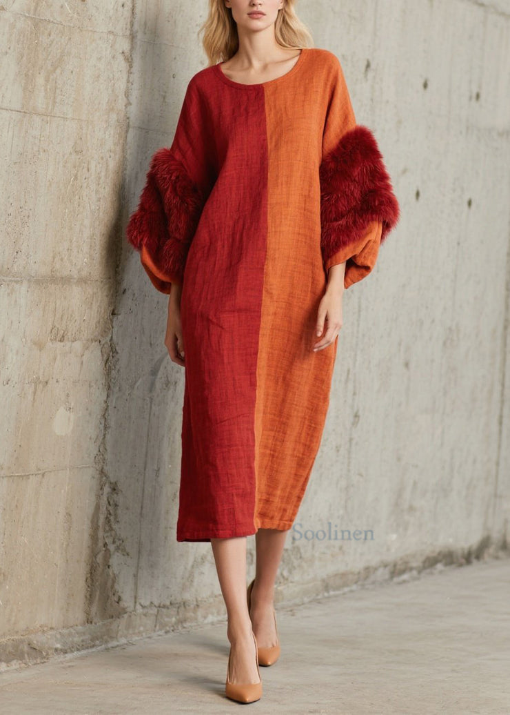 Fashion Colorblock O Neck Fuzzy Fur Fluffy Patchwork Cotton Dress Fall