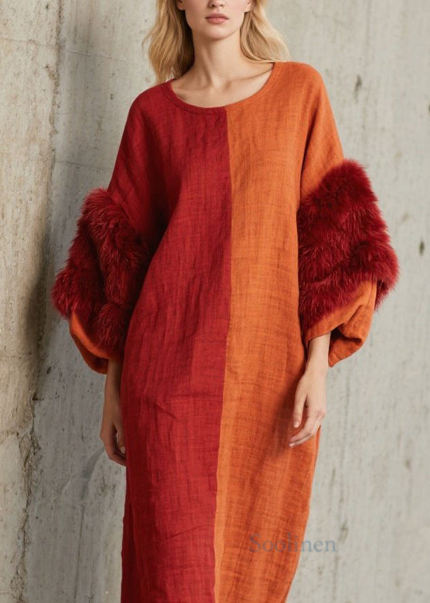 Fashion Colorblock O Neck Fuzzy Fur Fluffy Patchwork Cotton Dress Fall