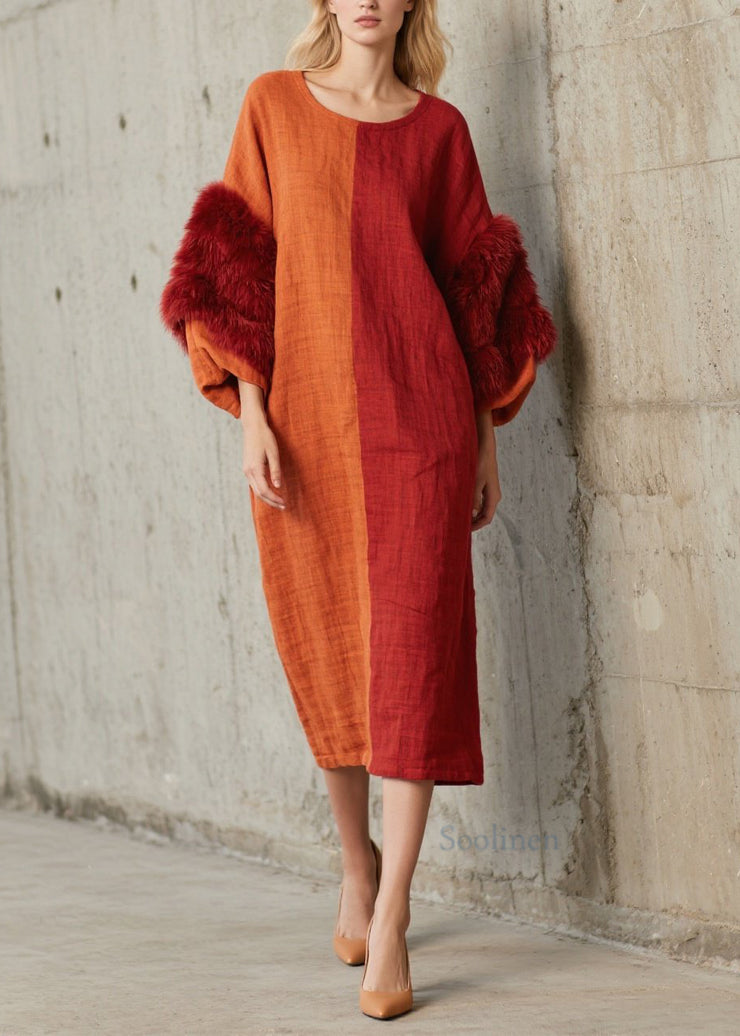 Fashion Colorblock O Neck Fuzzy Fur Fluffy Patchwork Cotton Dress Fall
