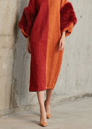 Fashion Colorblock O Neck Fuzzy Fur Fluffy Patchwork Cotton Dress Fall