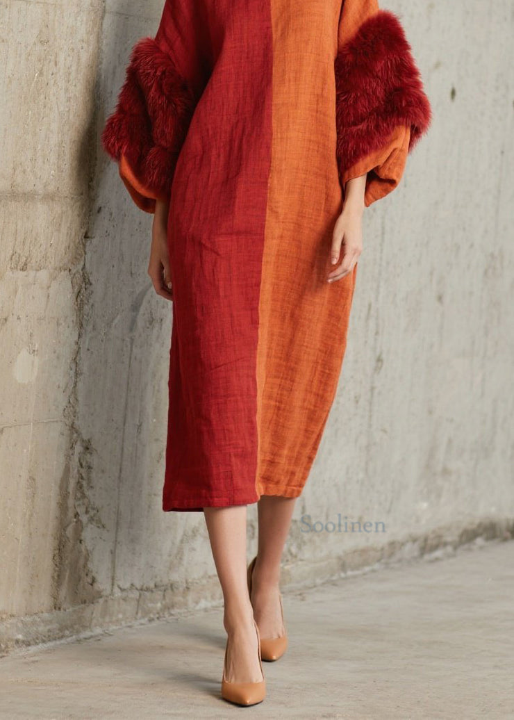 Fashion Colorblock O Neck Fuzzy Fur Fluffy Patchwork Cotton Dress Fall