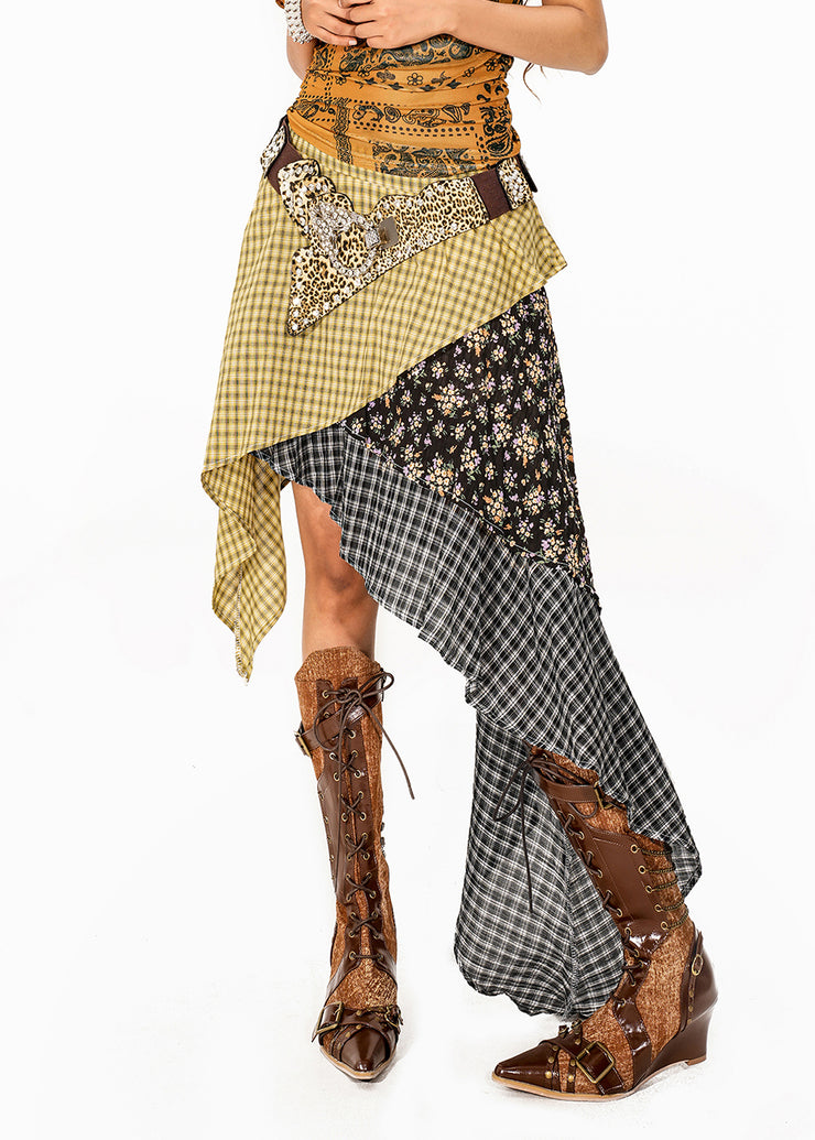 Fashion Colorblock Plaid Skirt Asymmetrical Patchwork Summer