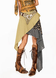 Fashion Colorblock Plaid Skirt Asymmetrical Patchwork Summer