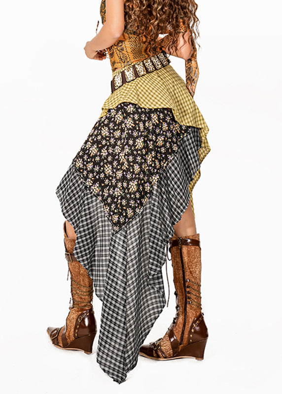 Fashion Colorblock Plaid Skirt Asymmetrical Patchwork Summer