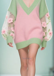 Fashion Colorblock V Neck Patchwork Tulle Long Sweaters Fall