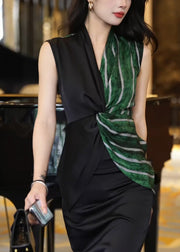 Fashion Colorblock V Neck Striped Patchwork Flattering Shirt Sleeveless