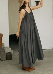 Fashion Dark Grey Wrinkled Cotton Spaghetti Strap Dress Sleeveless