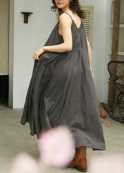 Fashion Dark Grey Wrinkled Cotton Spaghetti Strap Dress Sleeveless